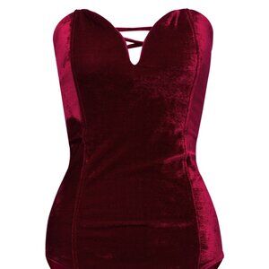 CHOiES Burgundy Sexy Plunge Neck Strapless Cross Back Velvet Bodysuit
